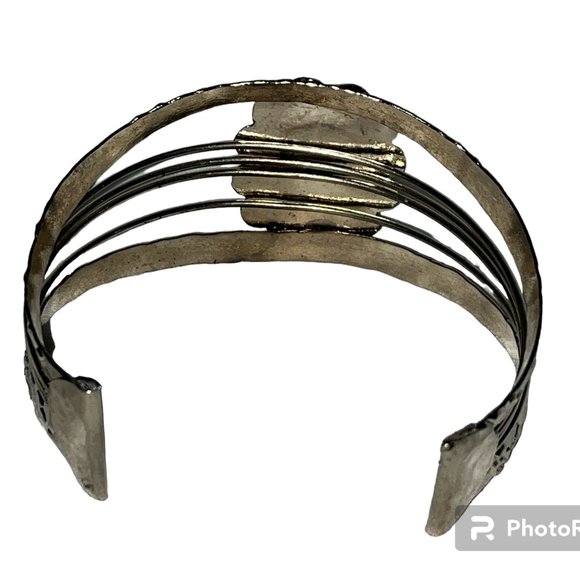 Vintage Egyptian Revival Blue Turquoise Scarab Silver Cuff - Picture 2 of 9